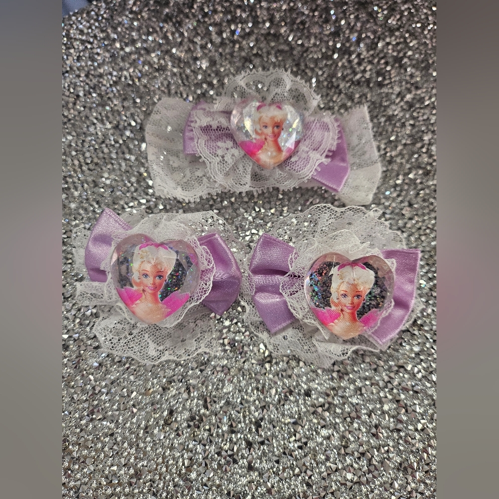 Goody Barbie for Girls Hair Bow Barrette Purple Heart Lace Satin Vintage 1991